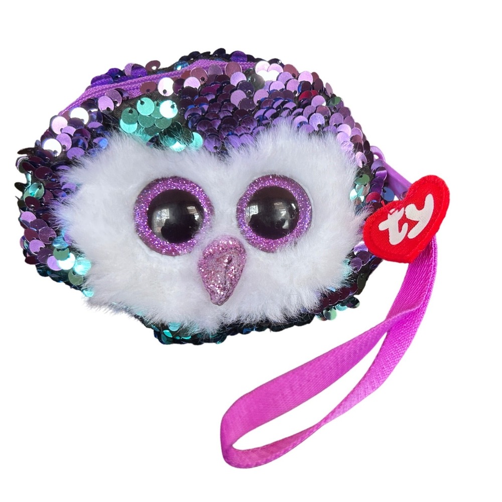 Ty Beanie Boos Moonlight Owl Flippables Sequin Coin Purse Purple Teal Wristlet